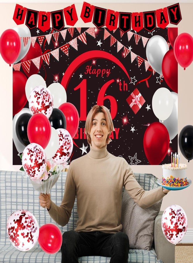 Coosilion 16th Birthday Decorations for Boys Girls Red Black, Sweet 16 Party Decorations with Happy 16th Birthday Banner Backdrop 16 Balloon Numbers Honeycomb Centerpieces Tablecloth 16 Years Old Party Supplies - Image 4